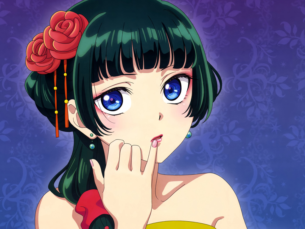 Девушка аниме с большими голубыми глазами на синем фоне