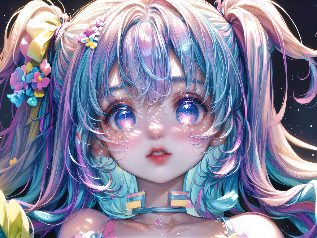 Девушка аниме с большими глазами и голубыми волосами