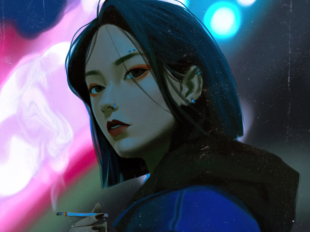 Девушка аниме с черными глазами с сигаретой в руках