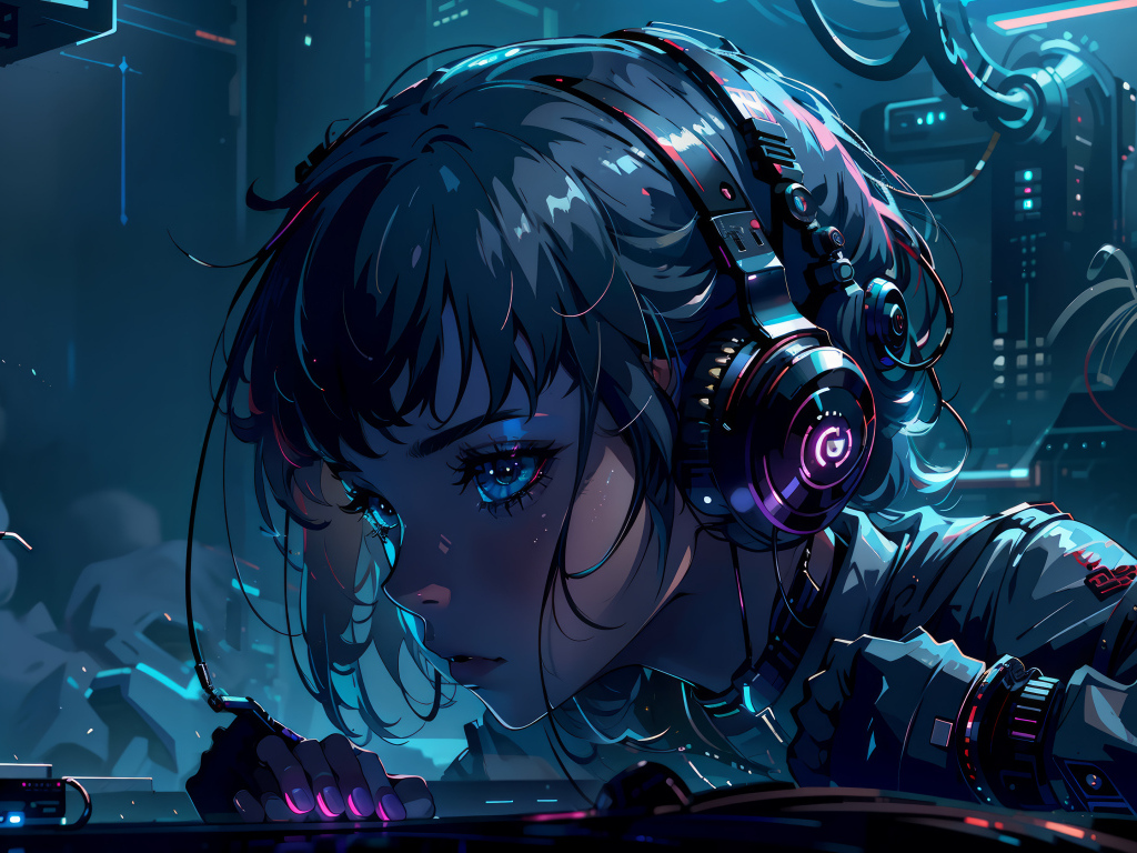 Девушка аниме с наушниками на голове 