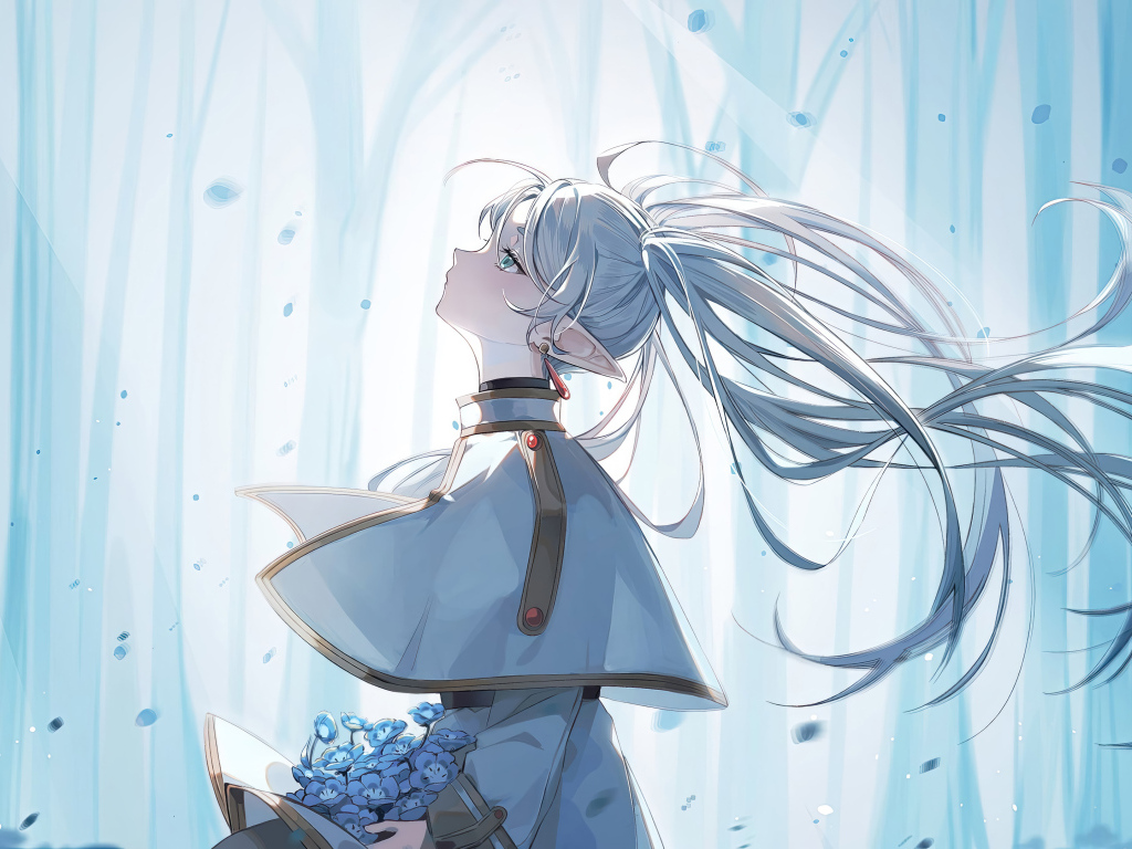 Девушка аниме с длинными волосами с цветами в руках