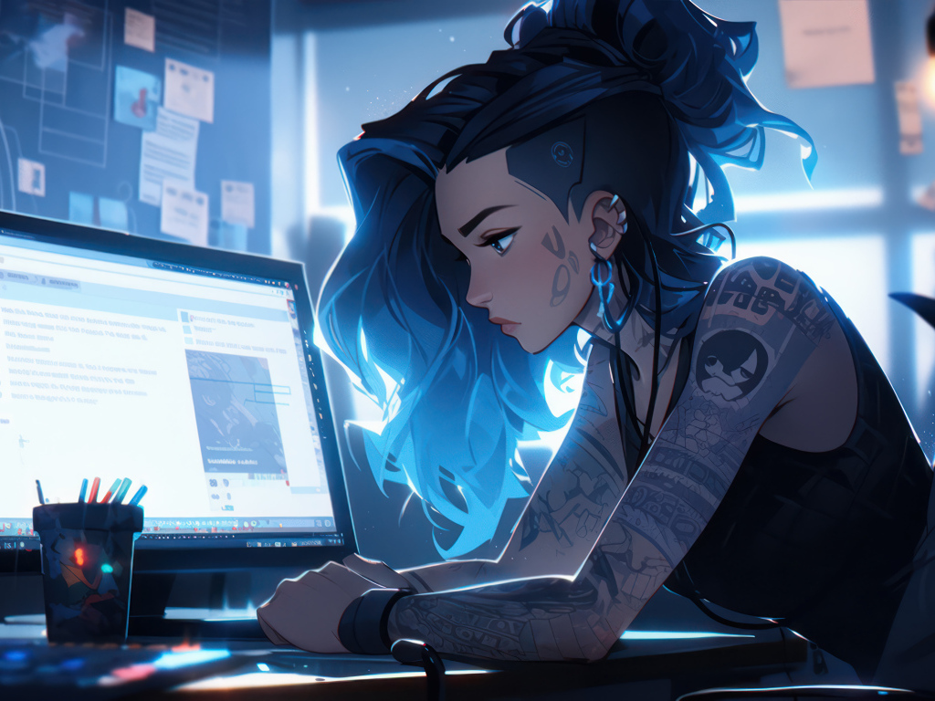 Девушка аниме с татуировками сидит за компьютером