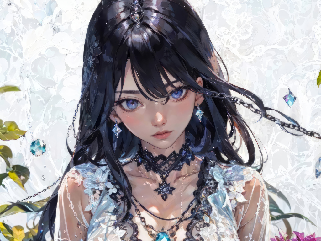 Красивая голубоглазая девушка аниме с черными волосами