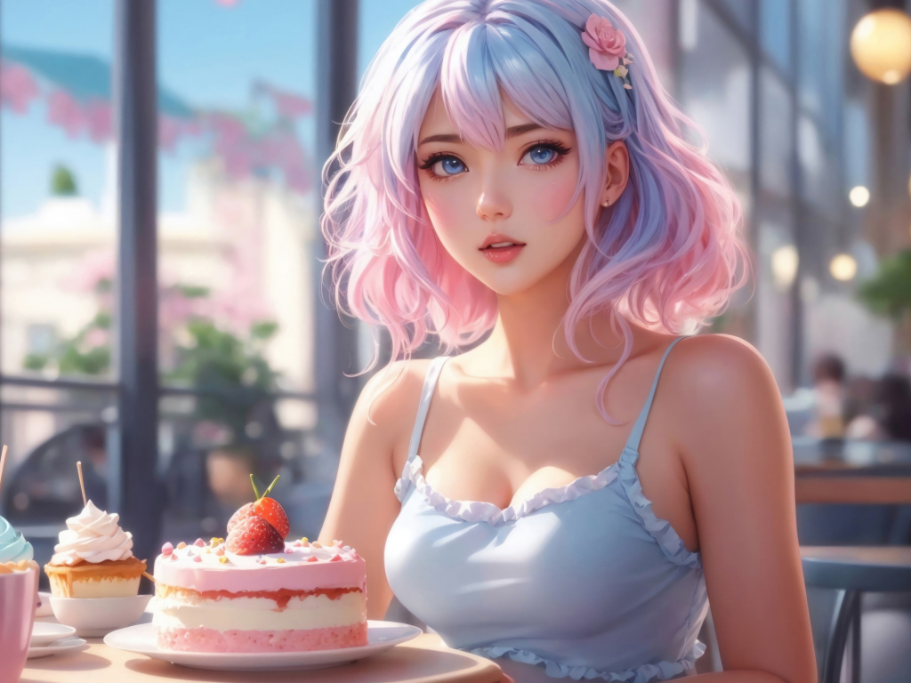 Голубоглазая девушка аниме сидит в кафе с пирожными