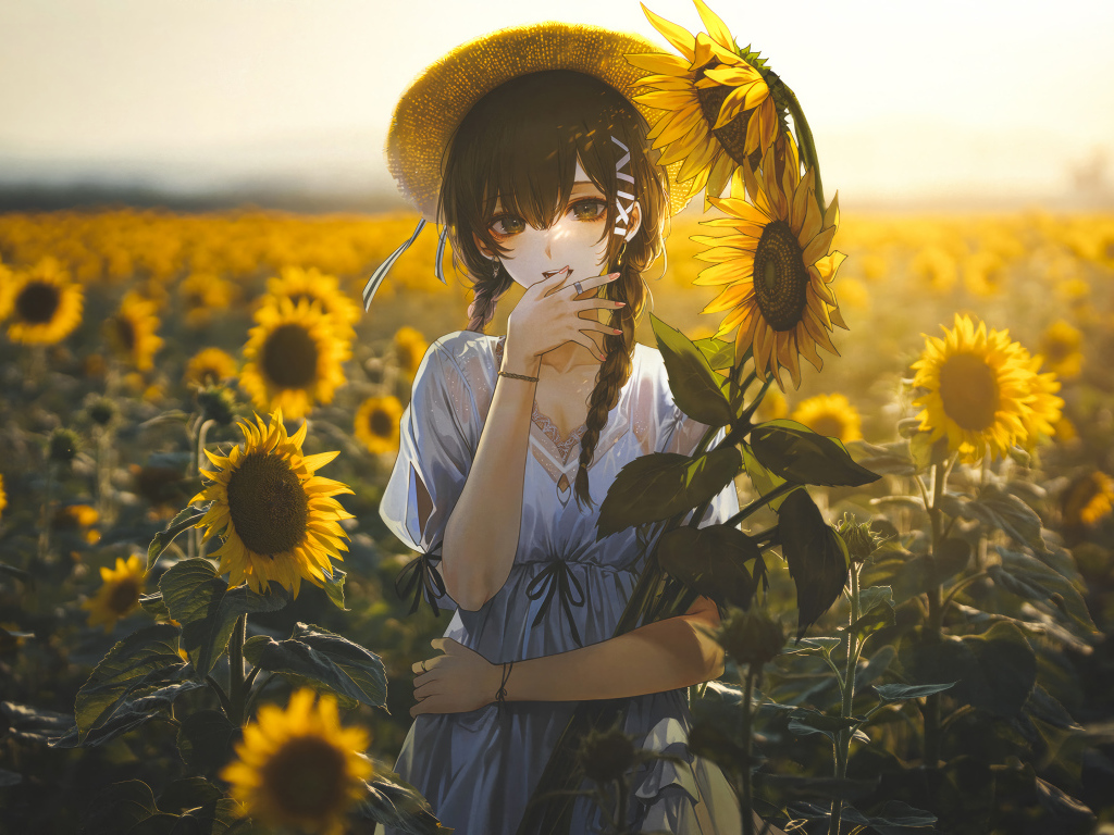 Милая девушка аниме на поле с подсолнухами