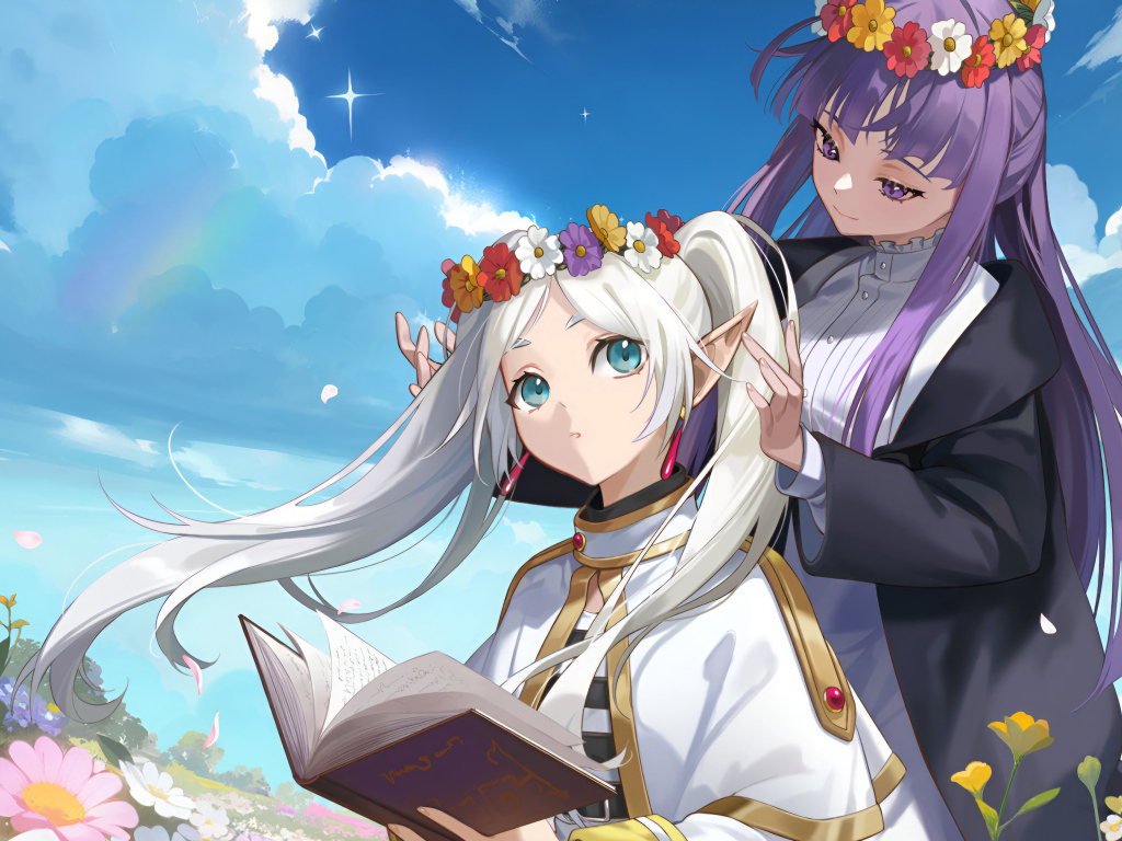 Две девушки аниме на поле с венками