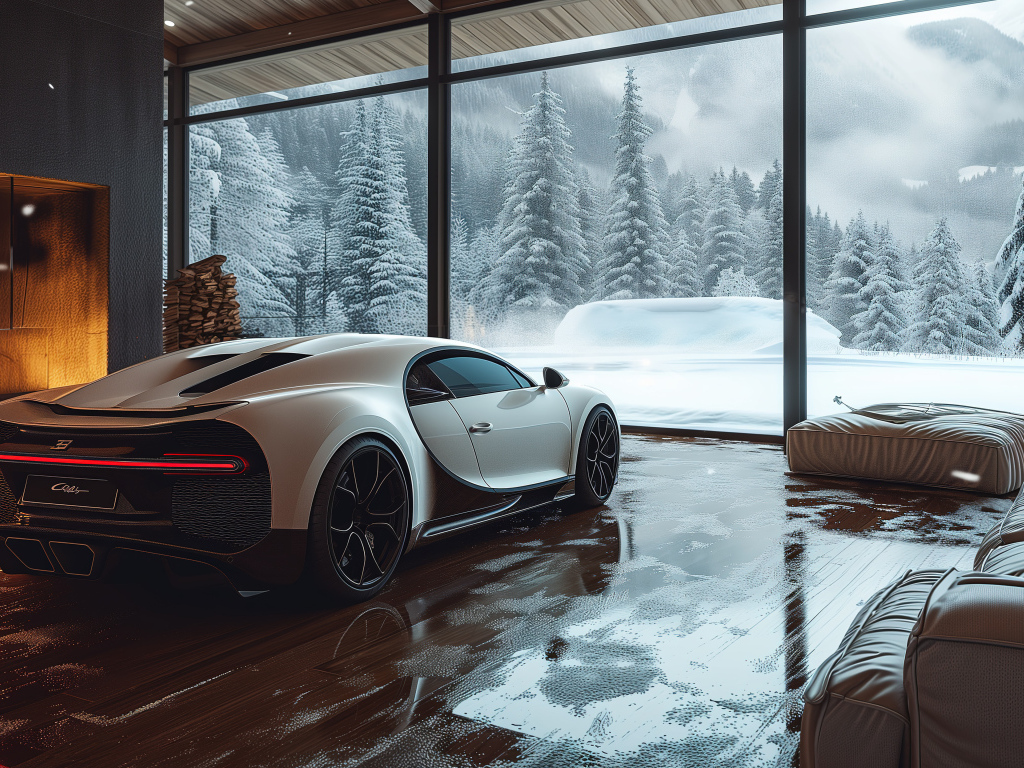 Автомобиль Bugatti Chiron Cozy в комнате зимой