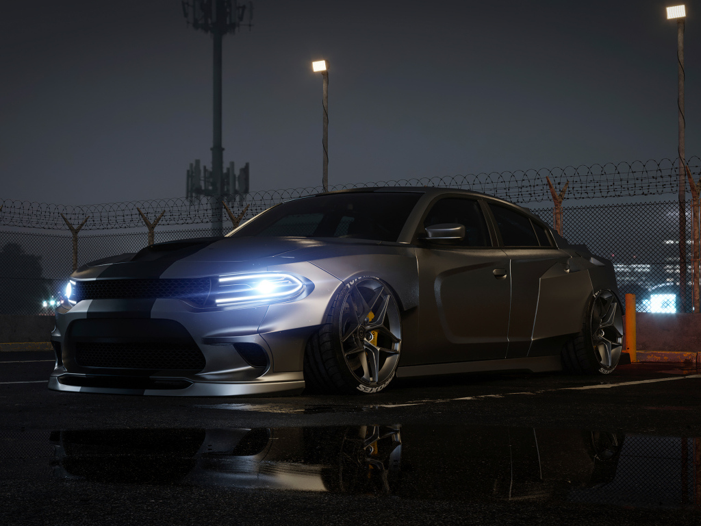 Автомобиль Dodge Charger CGI с включенными фарами