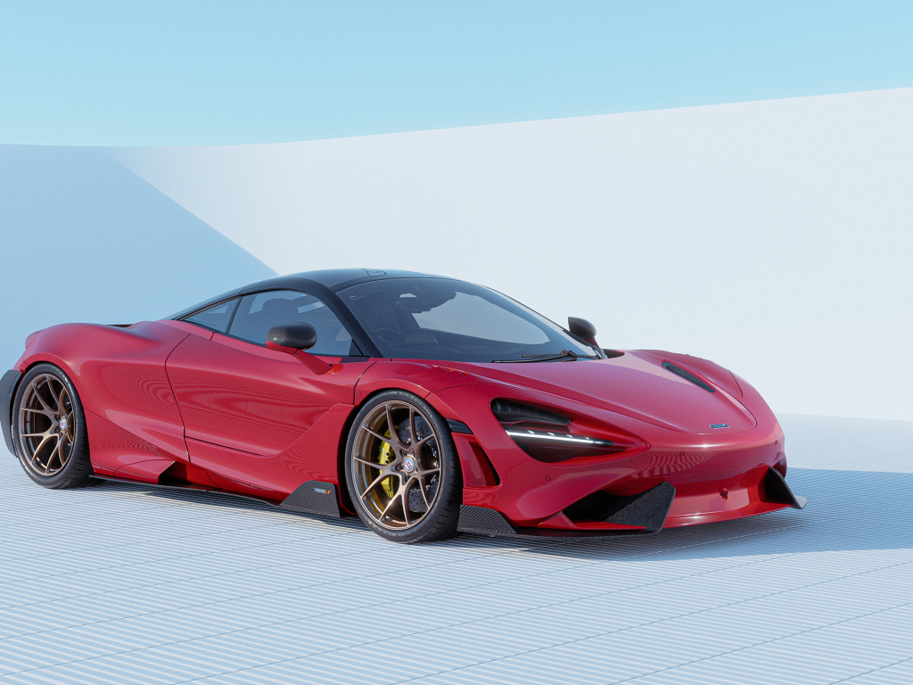 Красный автомобиль  McLaren 765LT CGI на сером фоне