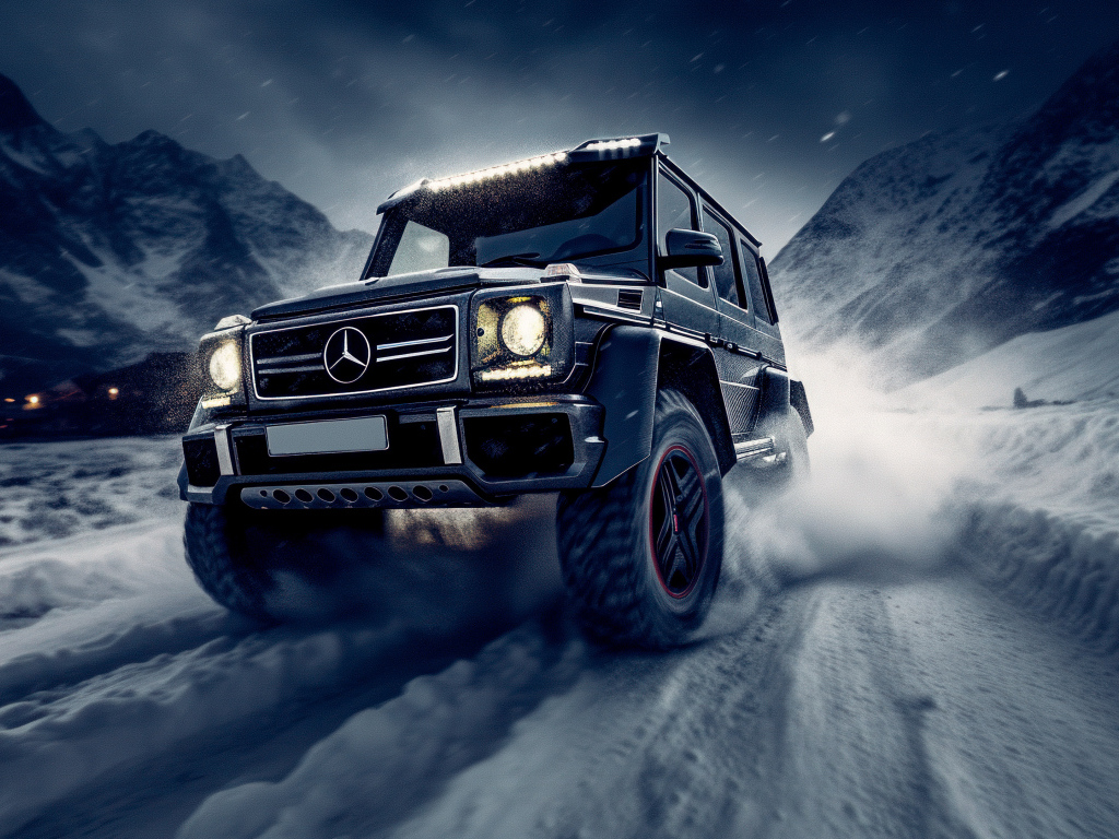 Джип Mercedes-Benz G63 AMG едет по снегу