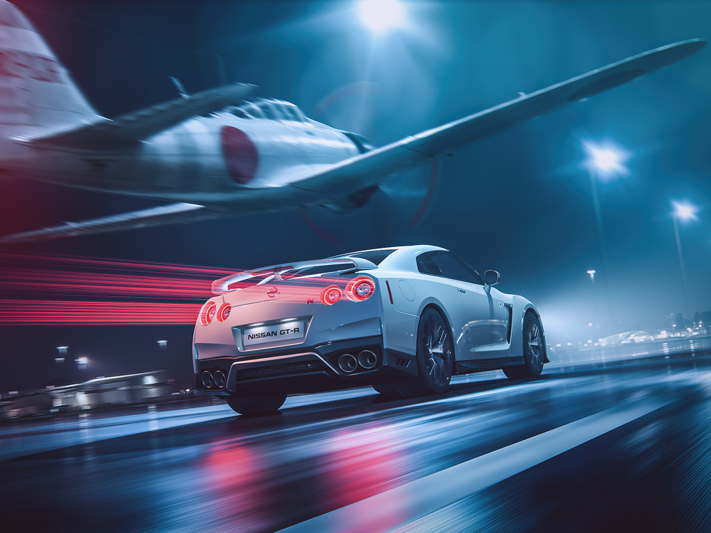 Самолет пролетает над автомобилем Nissan GT-R