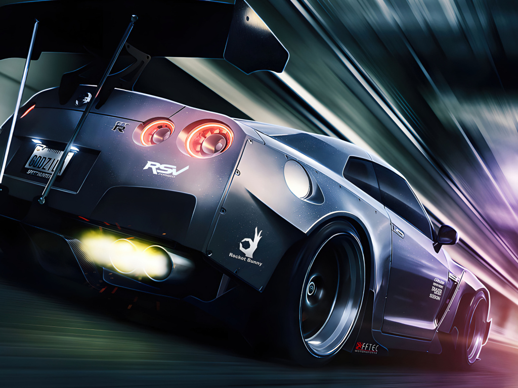 Вид сзади на автомобиль Nissan GTR R35