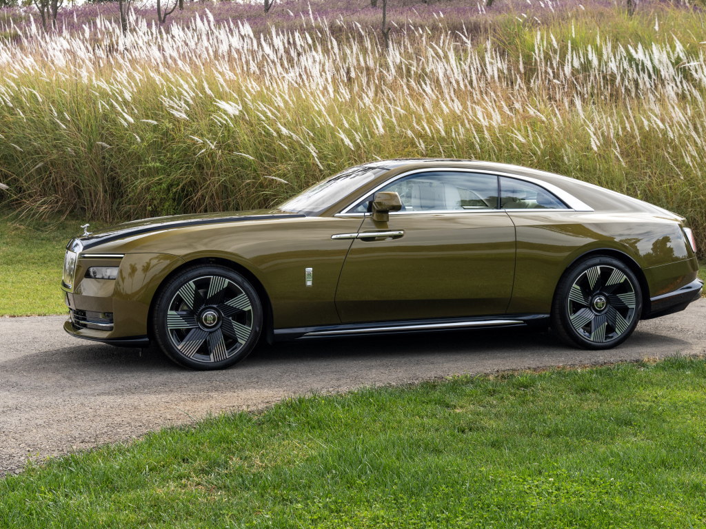 Оливковый автомобиль Rolls-Royce Spectre у высокой травы