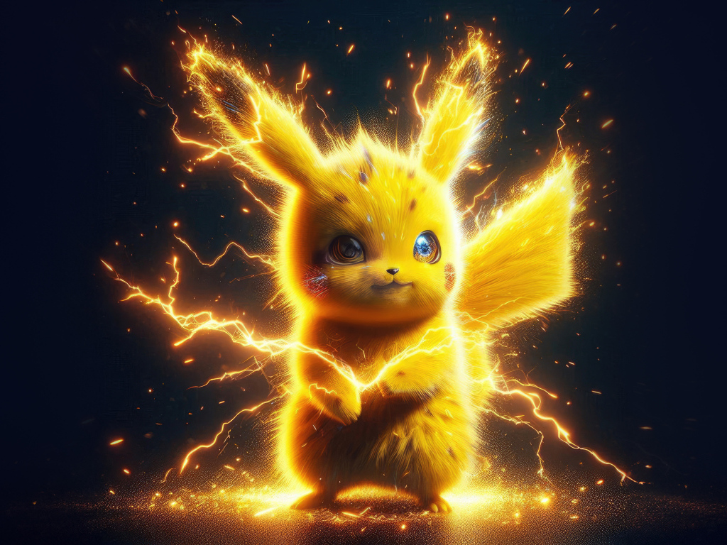 Желтый покемон Пикачу в разрядах молнии