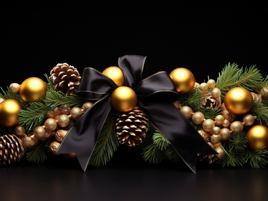 Рождественское украшение из еловой ветки с игрушками на черном фоне