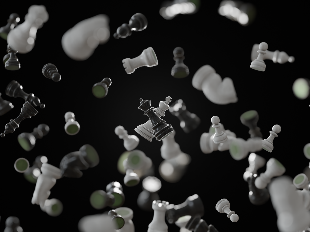 Черные и белые шахматные фигуры парят в воздухе