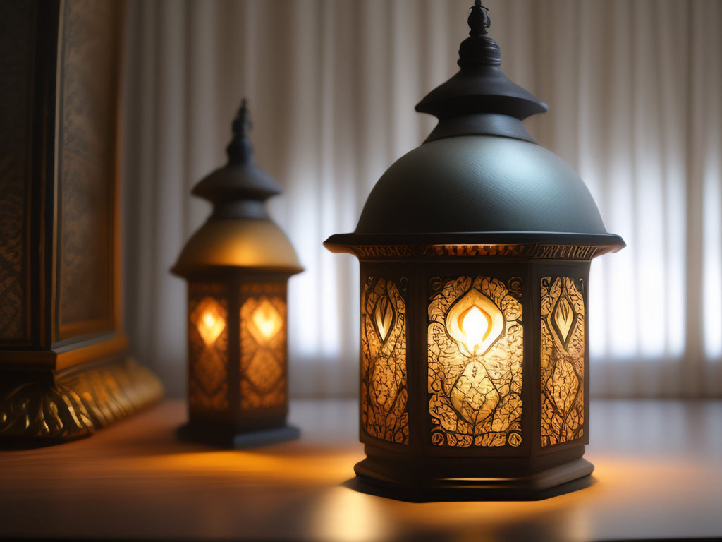 Два зажженных фонаря стоят на столе