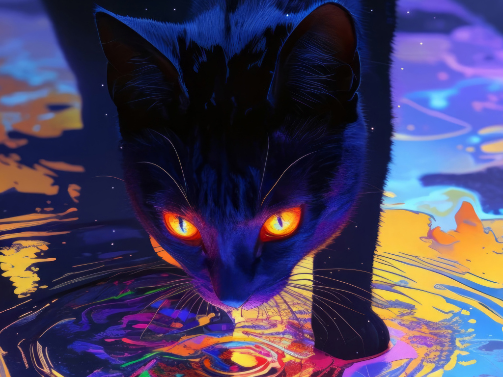 Черный кот с яркими оранжевыми глазами идет по воде