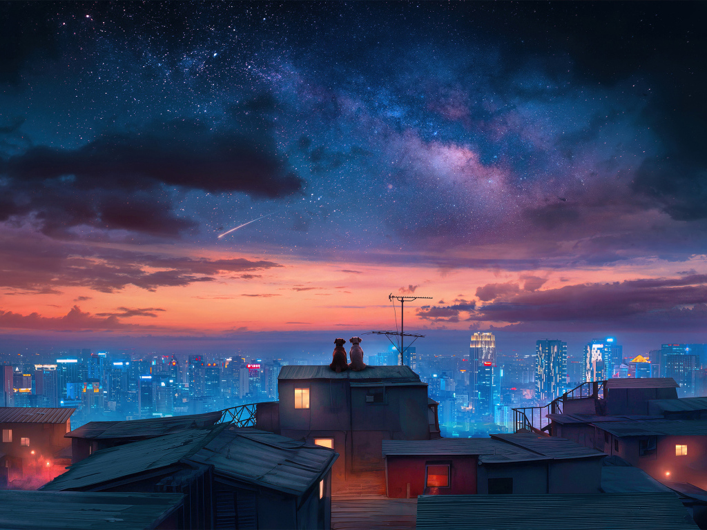 Красивое ночное небо над городскими небоскребами