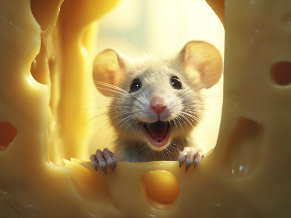 Веселый мышонок с куском сыра