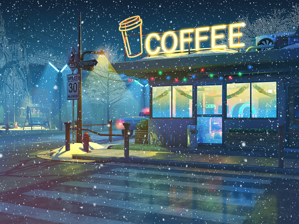 Нарисованное кафе ночью зимой