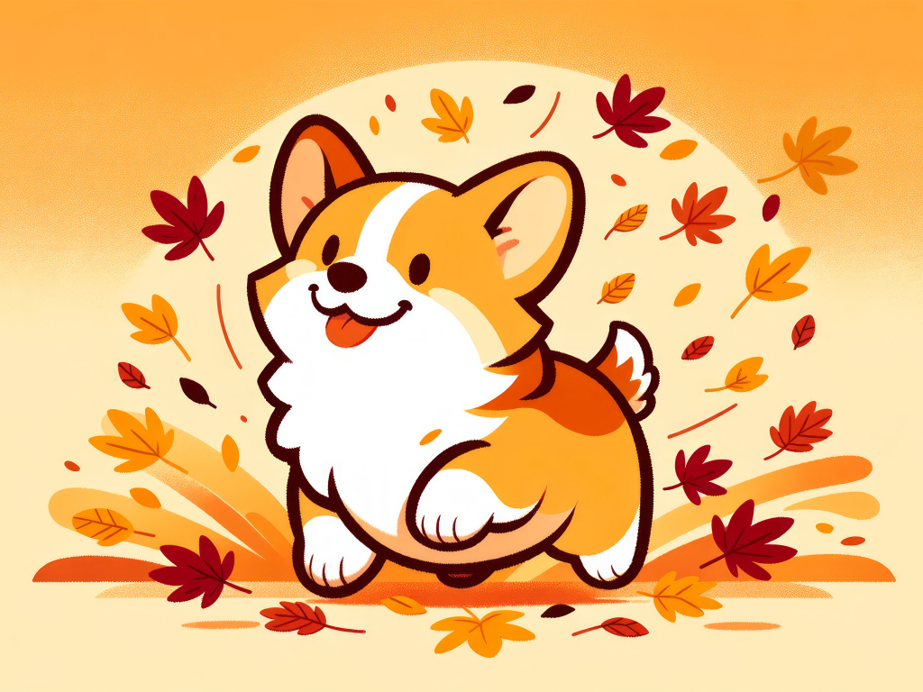 Нарисованный веселый корги с листьями