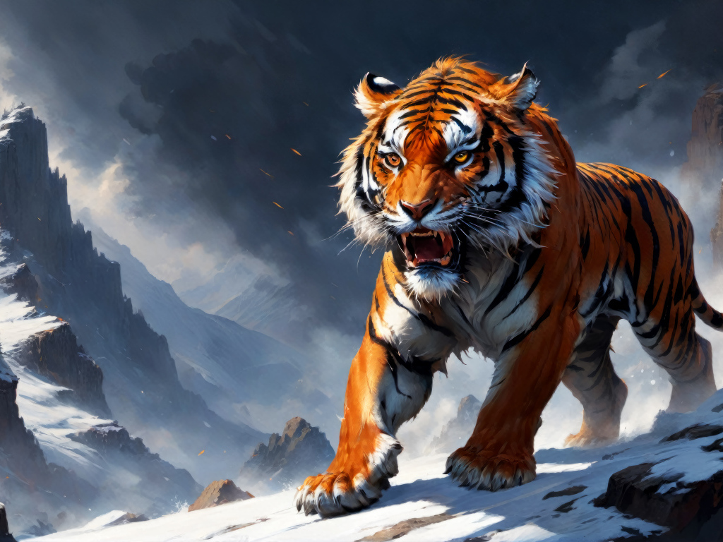 Нарисованный свирепый тигр в заснеженных горах