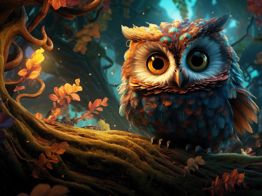 Нарисованная сова на ветке дерева в лесу