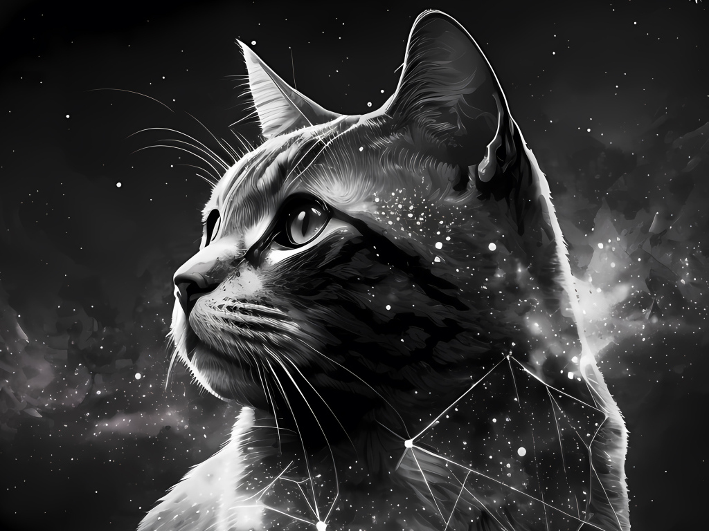 Нарисованный звездный кот на сером фоне