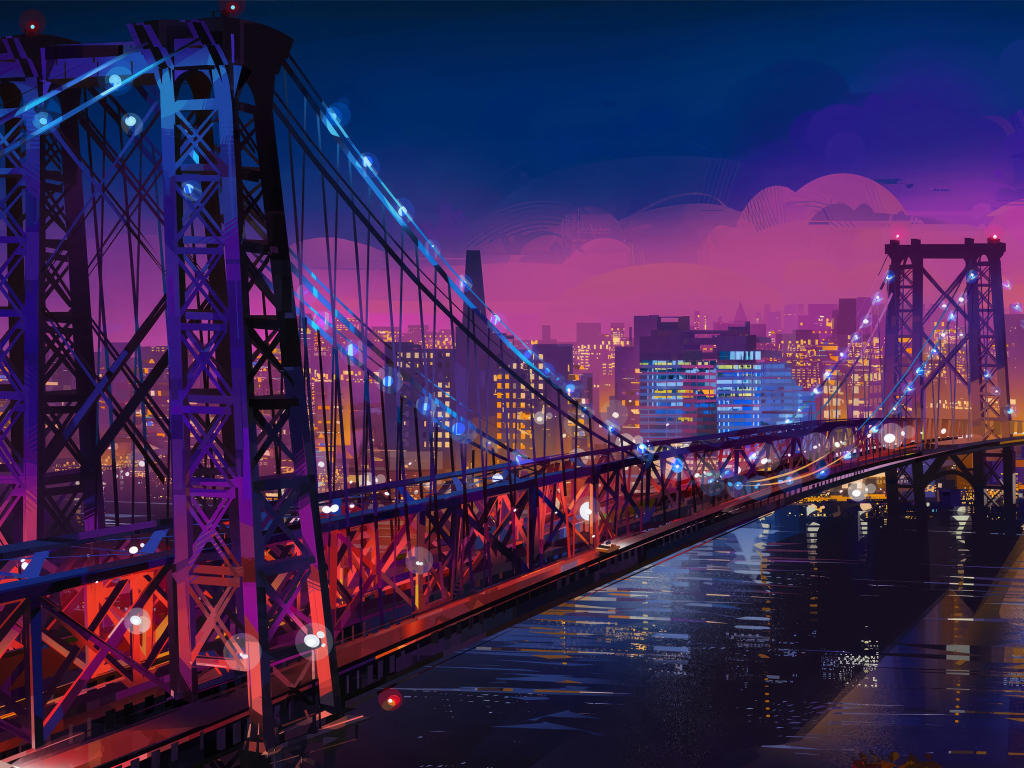 Нарисованный железный мост через реку ночью