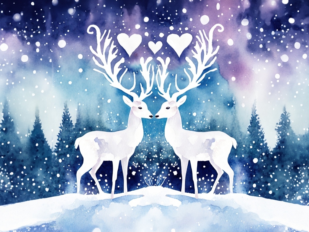 Два нарисованных оленя зимой