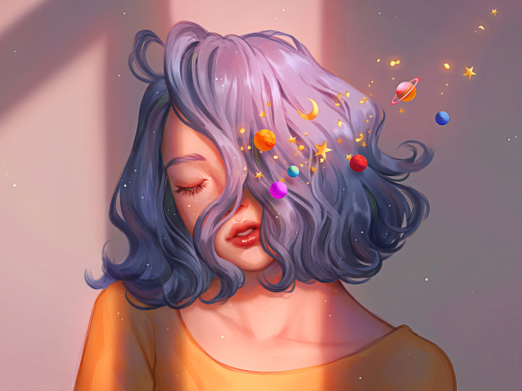 Красивая девушка с закрытыми глазами с фиолетовыми волосами