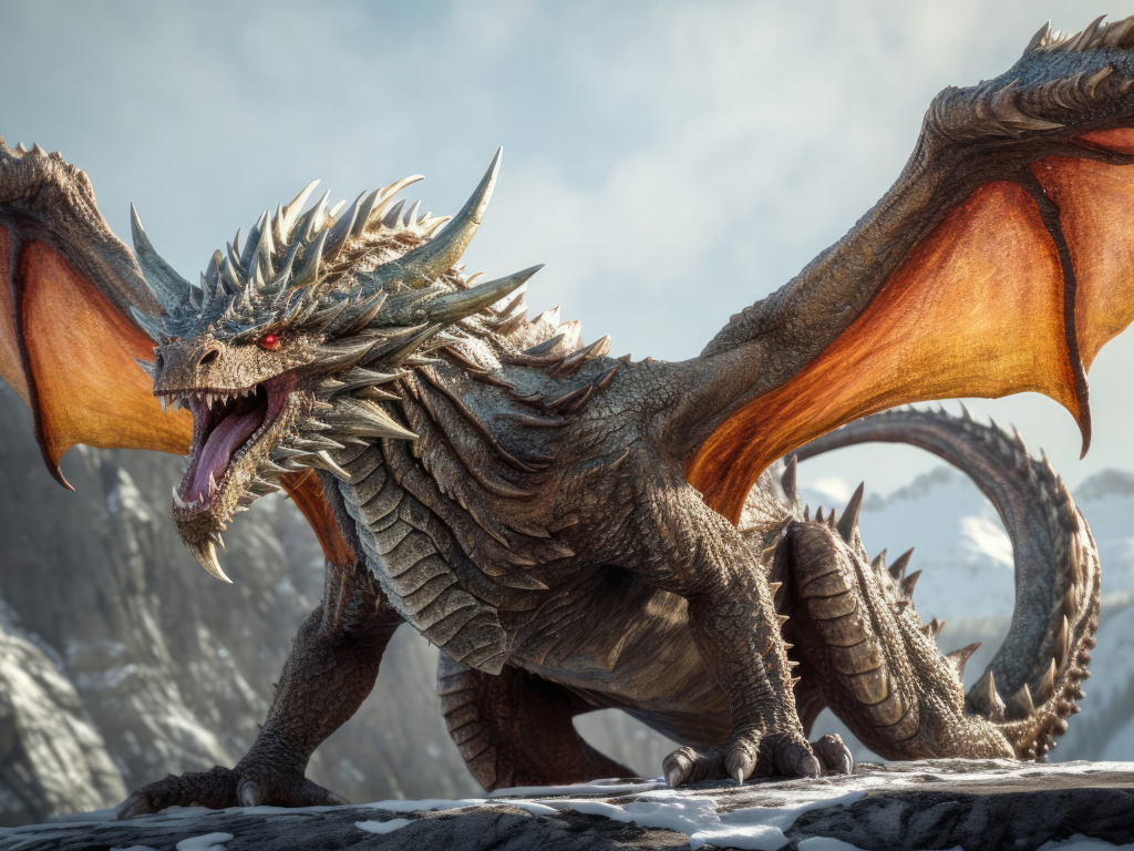 Дракон с расправленными крыльями и широко открытой пастью на горе