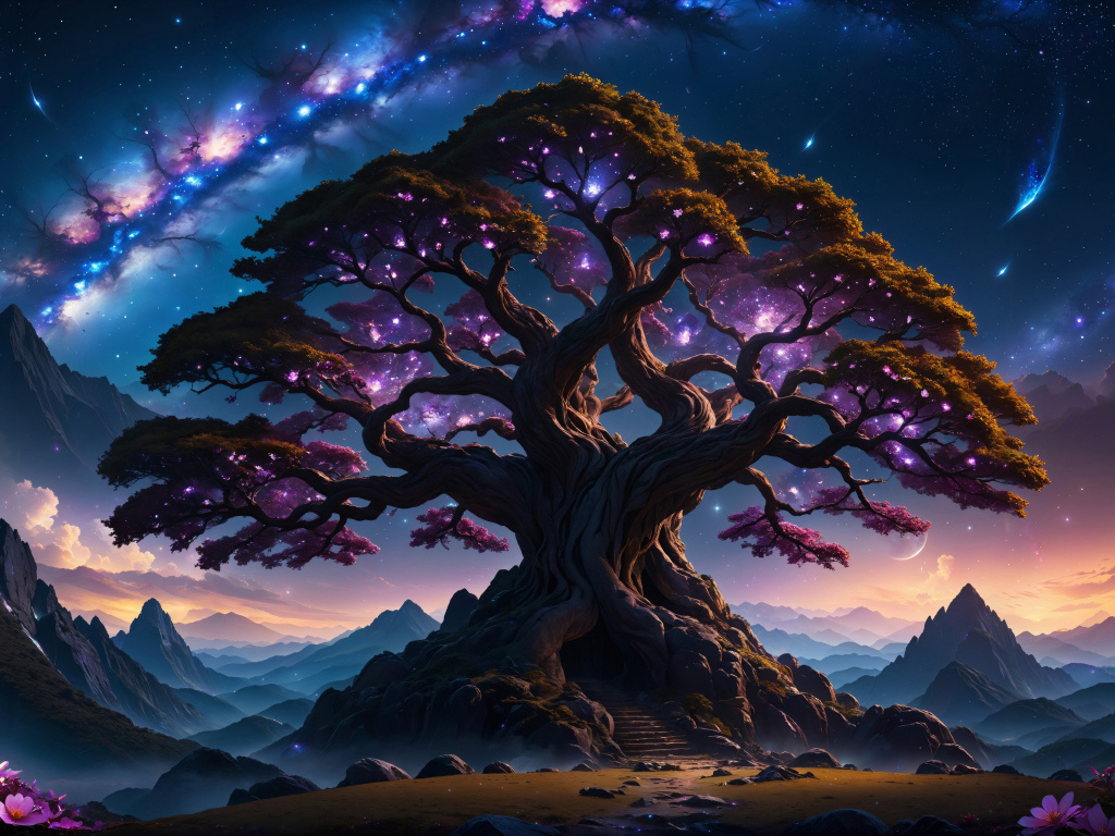 Большое фантастическое дерево на фоне красивого неба