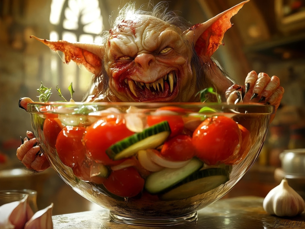 Маленький гремлин с острыми зубами стоит на кухонном столе с чашкой салата в руках