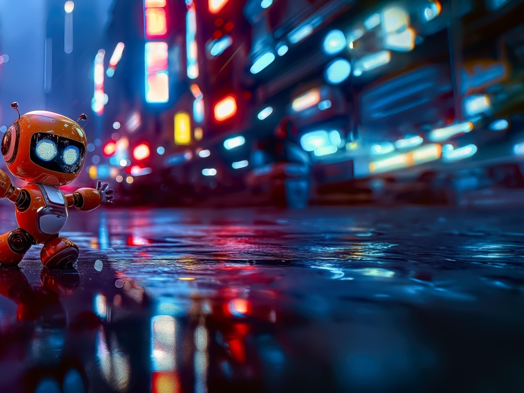 Маленький робот идет по мокрому асфальту в городе