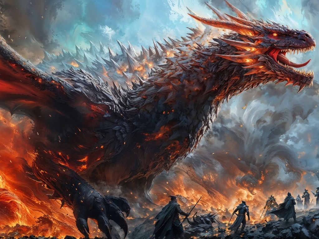 Большой злой дракон в огне с воинами