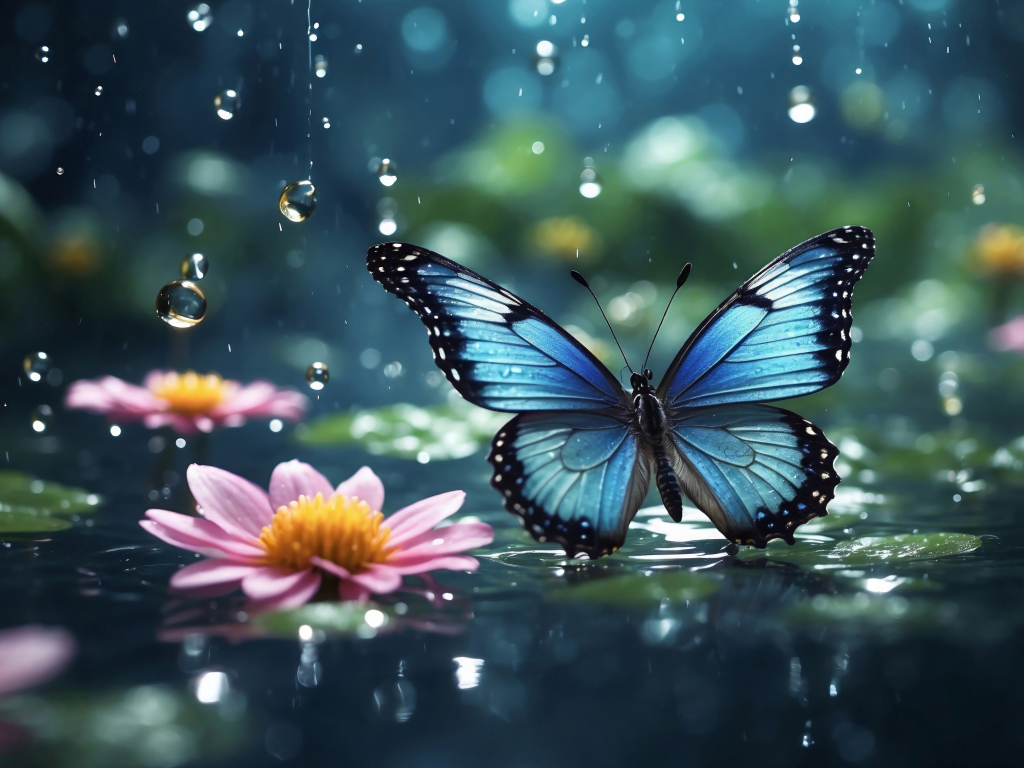 Голубая бабочка под дождем у розовых цветов