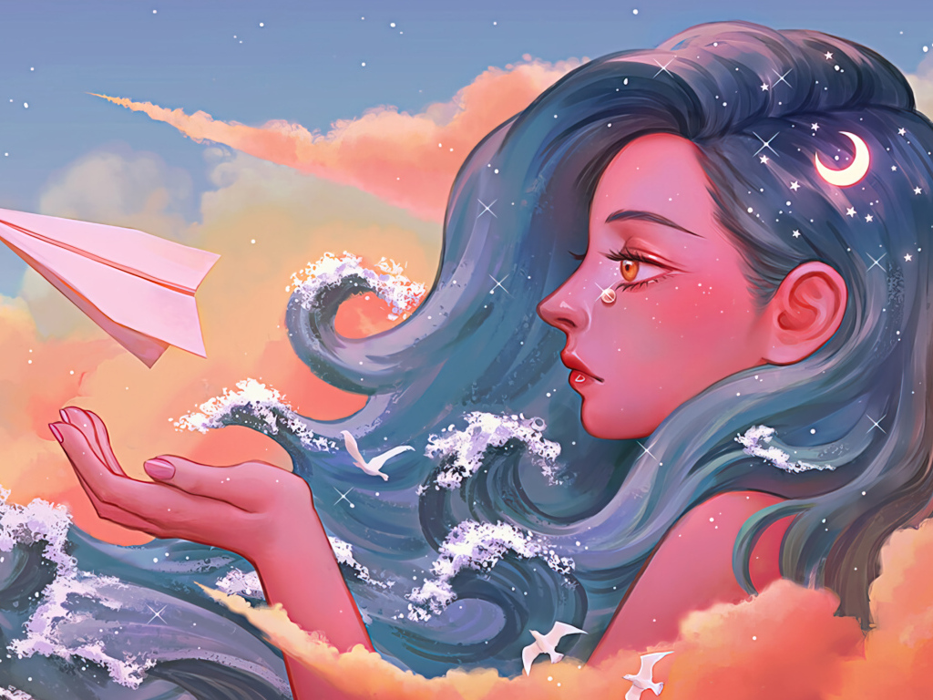 Фантастическая длинноволосая девушка с бумажным корабликом
