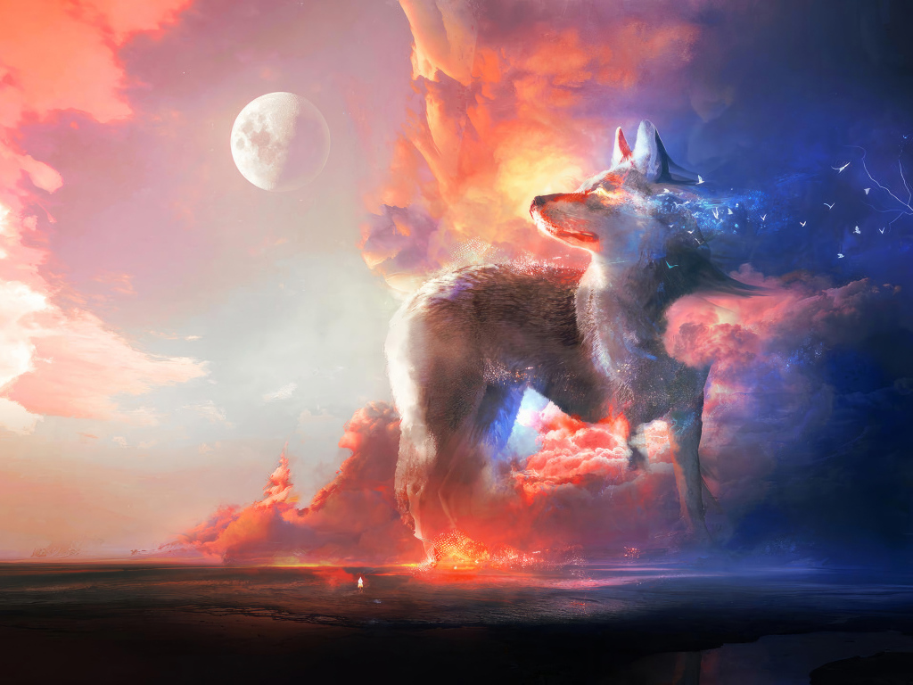 Фантастический неоновый волк на фоне луны