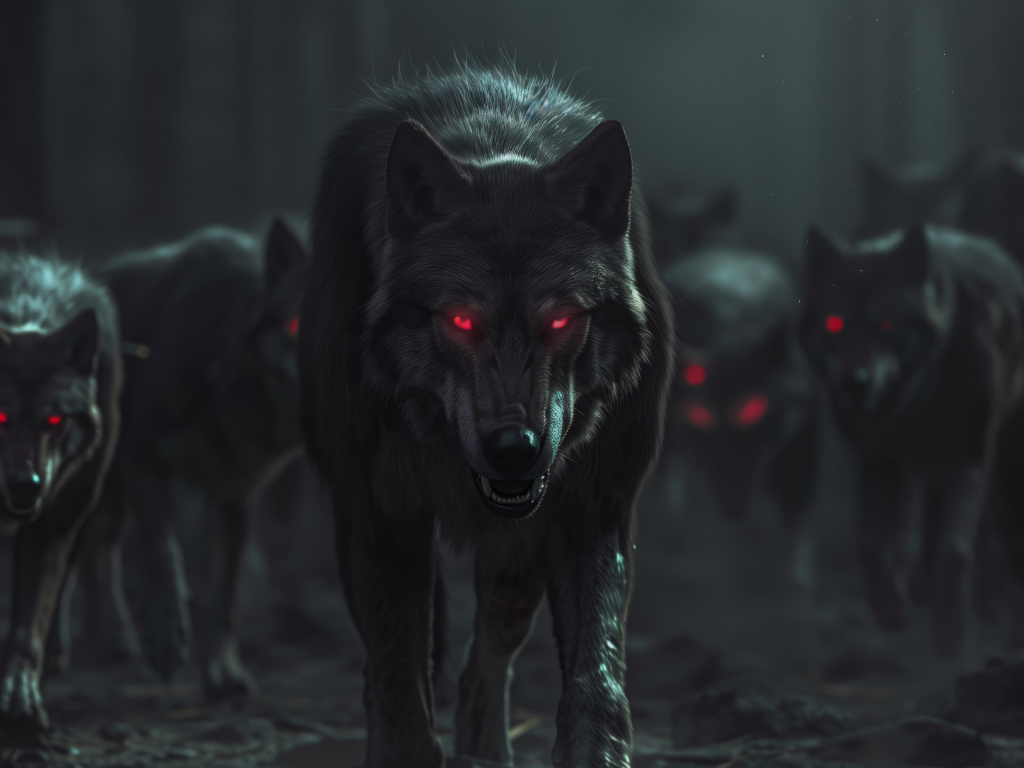 Фантастические волки с красными глазами