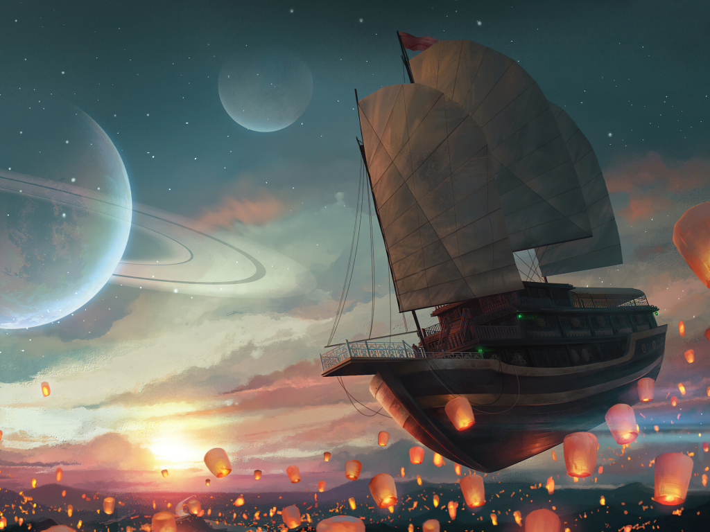 Летающий корабль в небе с китайскими фонариками