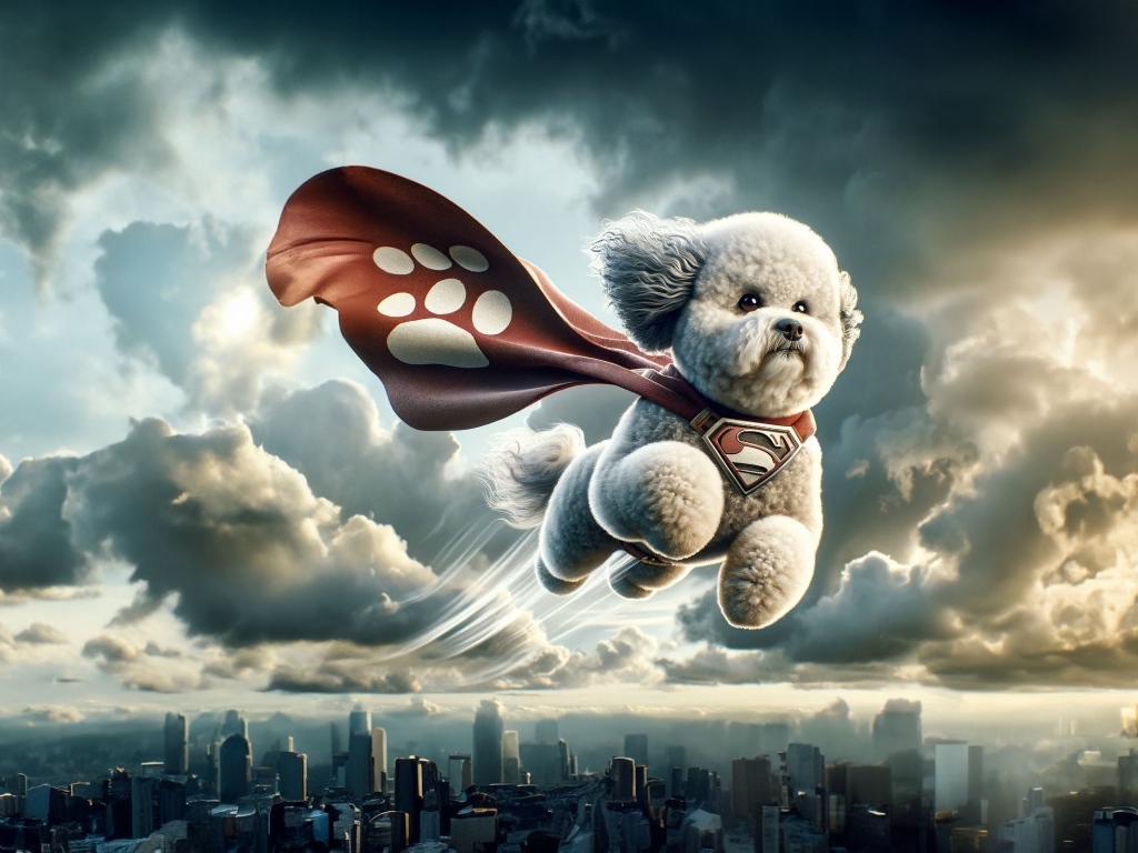 Летающая собака супергерой над городом