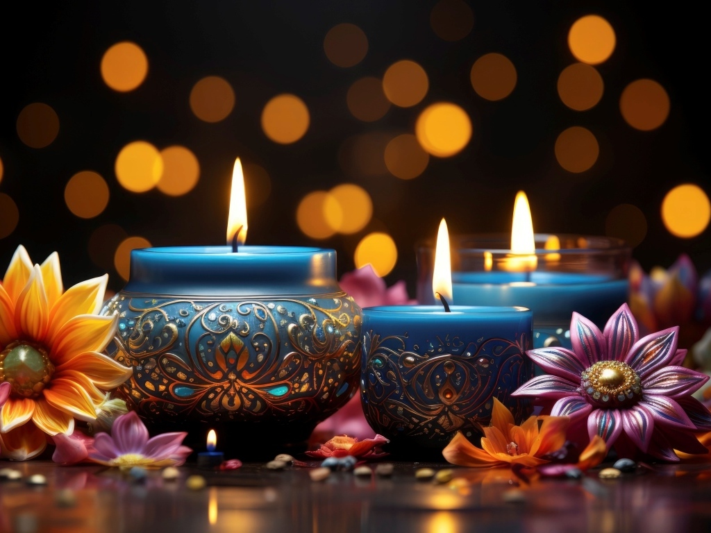 Зажженные красивые свечи с цветами на столе