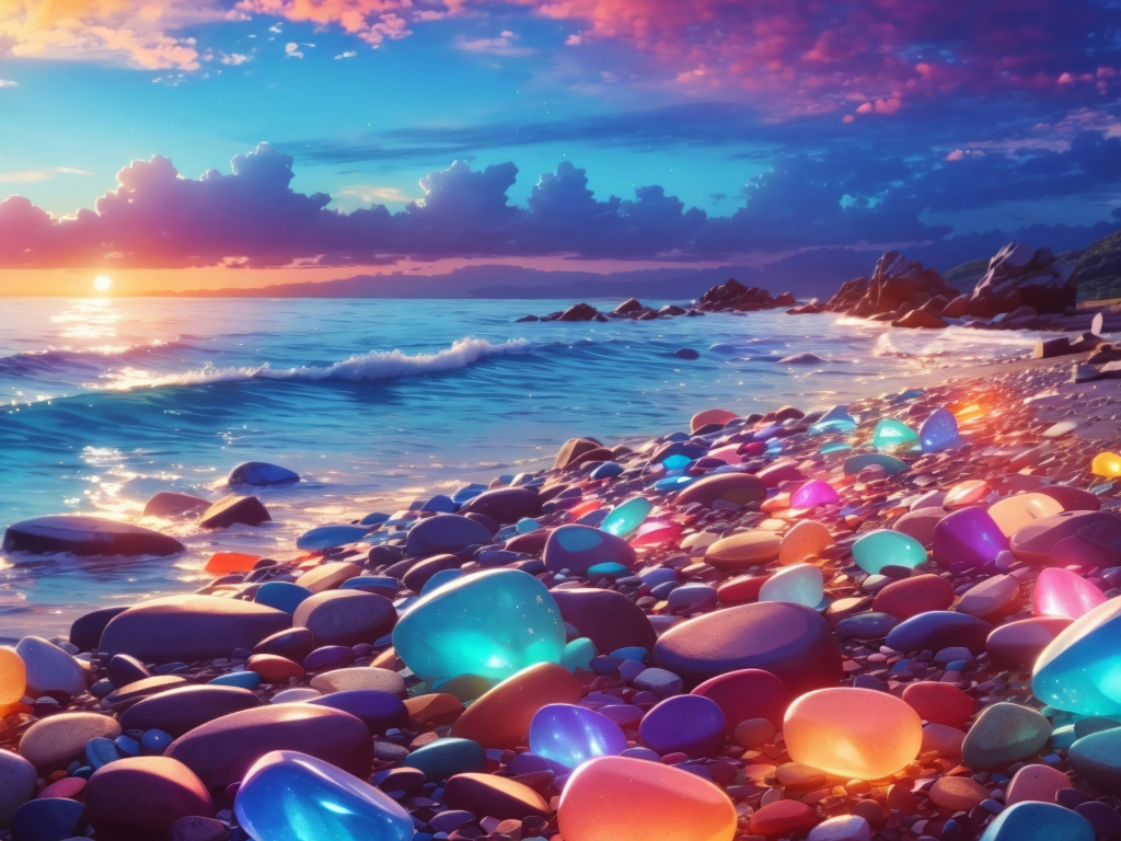 Разноцветные светящиеся камни на берегу моря