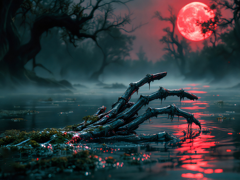 Рука скелета в воде на фоне красной луны