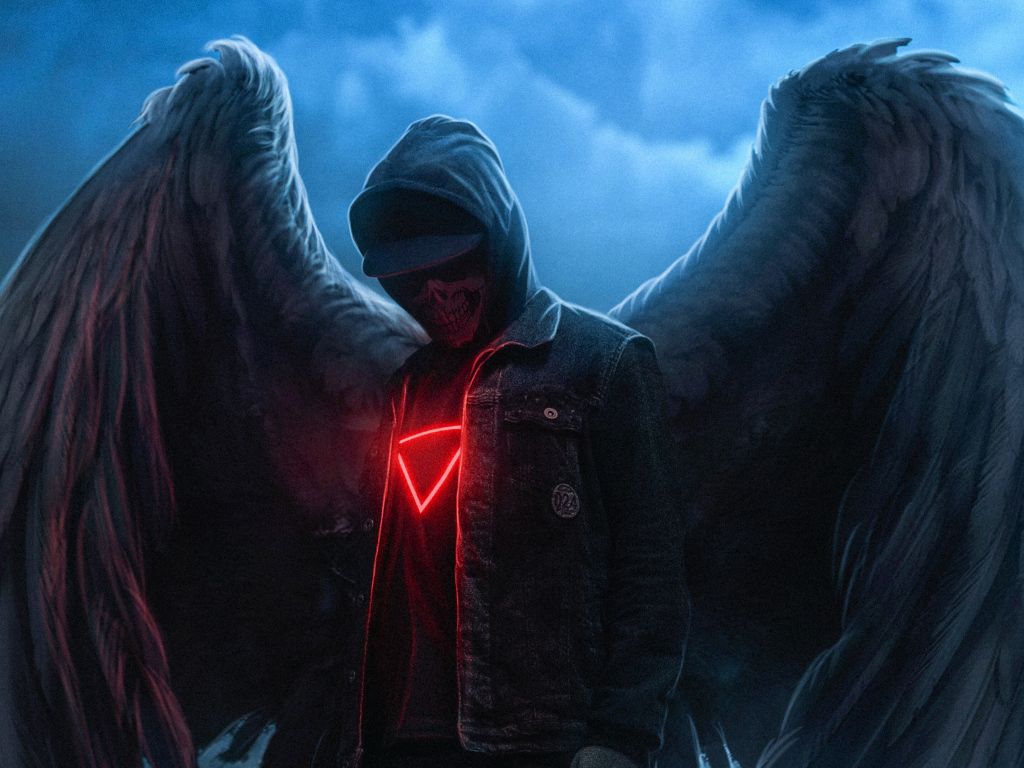 Скелет в куртке с большими крыльями ангела