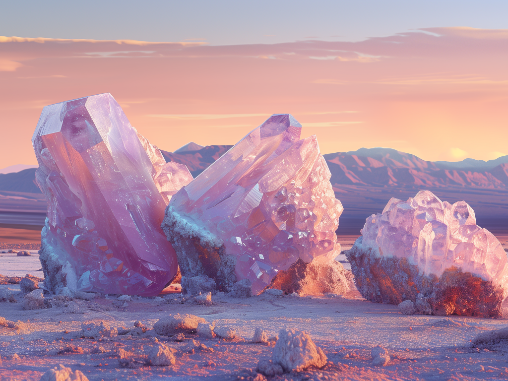 Большие розовые минералы на песке