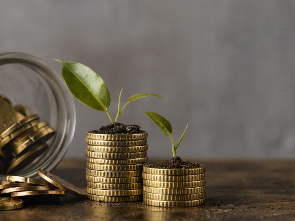 Зеленые ростки с золотыми монетами на столе