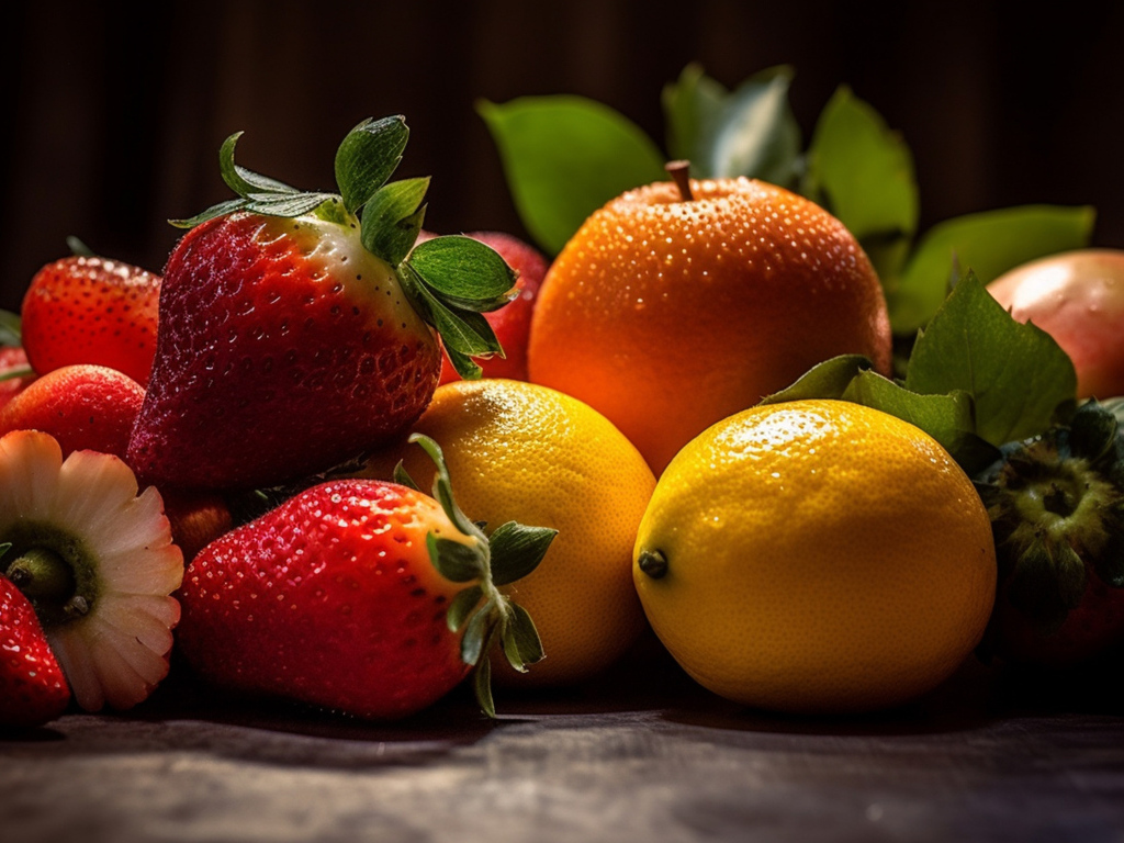 Вкусные спелые цитрусовые фрукты и ягоды клубники